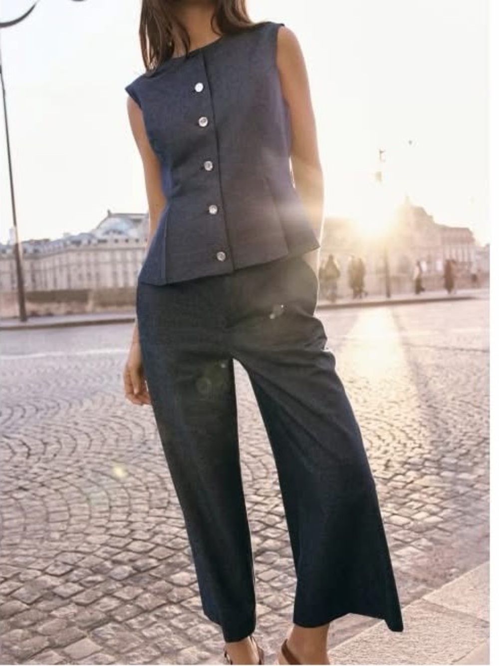 Zara Dark Blue Sleeveless Button-Front Vest  Cropped Wide-Leg Pants Set